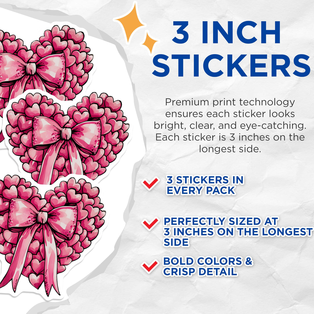 (3 Pack) Heart Decals - Pink Heart Stickers - Hearts with Bow Decal - 3 Inches On Longest Side - Easy Peel & Apply - Made in USA - 3MCS2385