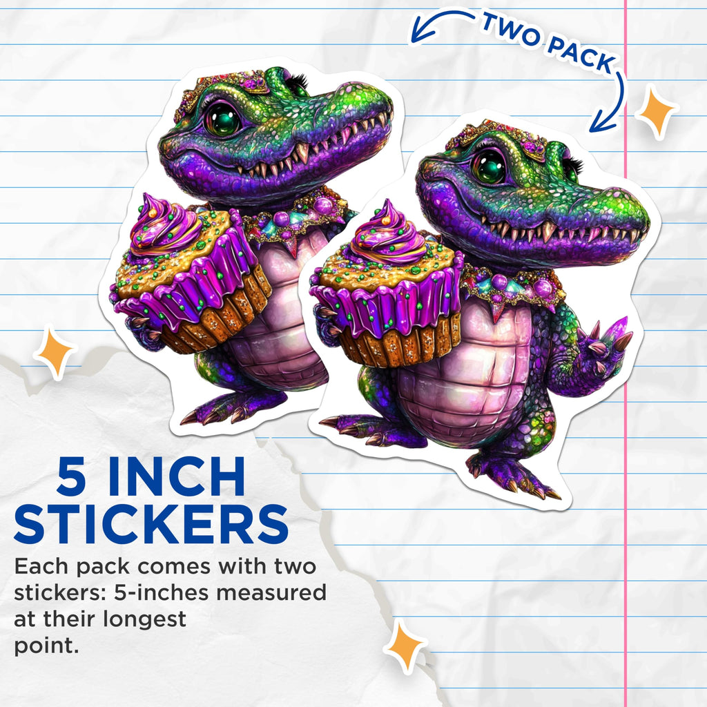 (2 Pack) Alligator Cupcake Stickers - Cute Animal Stickers - Colorful Reptile Decals - 5" On Longest Side - Sticks to Smooth Flat Surfaces - Made in USA - BMCS14119