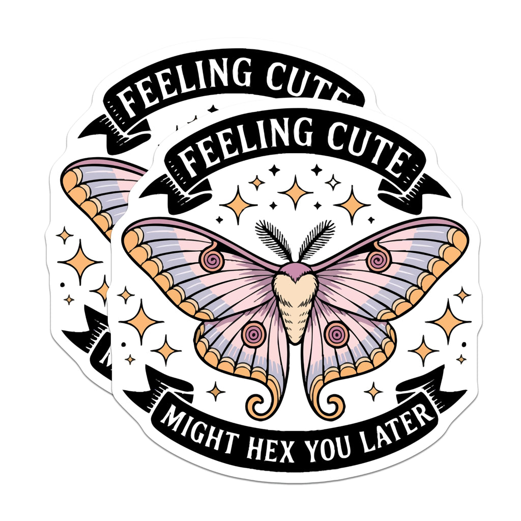 (2 Pack) Feeling Cute Might Hex You Later Magnets - Witchy Moth Decor - Sarcastic Quote Refrigerator Accessory - 5 Inches On Longest Side - Thick Durable Magnet - Made in USA - MAG20210