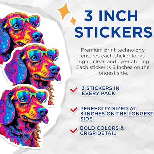 (3 Pack) Dog Decals - Colorful Dog Art - Laptop Decal - 3 Inches On Longest Side - Easy Peel & Apply - Made in USA - 3MCS6007
