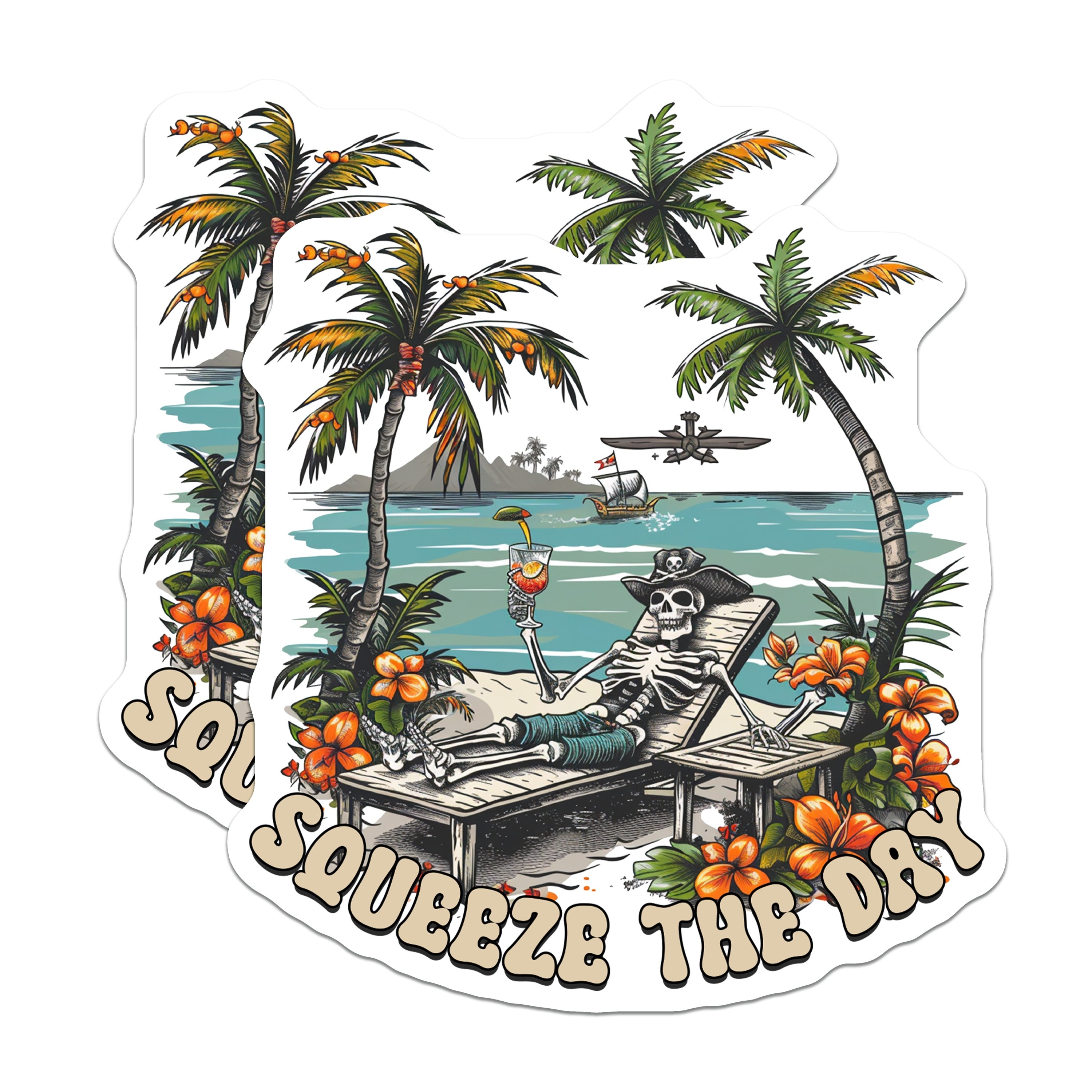 (2 Pack) Squeeze The Day Skeleton Magnets - Pirate Beach Vacation - Tropical Skull Fridge Locker Decor - 5 Inches On Longest Side - Thick Durable Magnet - Made in USA - MAG36420