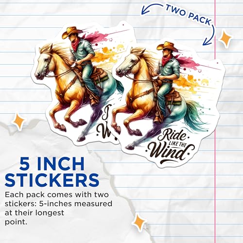 (2 Pack) Ride Like The Wind Stickers - Cowboy on Horse - Western Themed Stickers - 5" On Longest Side - Sticks to Smooth Flat Surfaces - Made in USA - BMCS6909