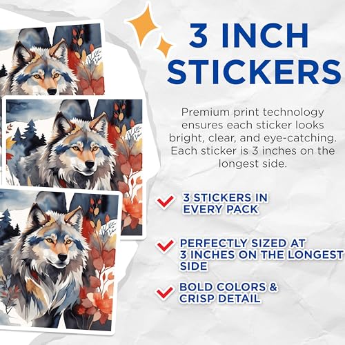 (3 Pack) Watercolor Wolf Decals - Laptop Decals - Animal Stickers - 3 Inches On Longest Side - Easy Peel & Apply - Made in USA - 3MCS7475