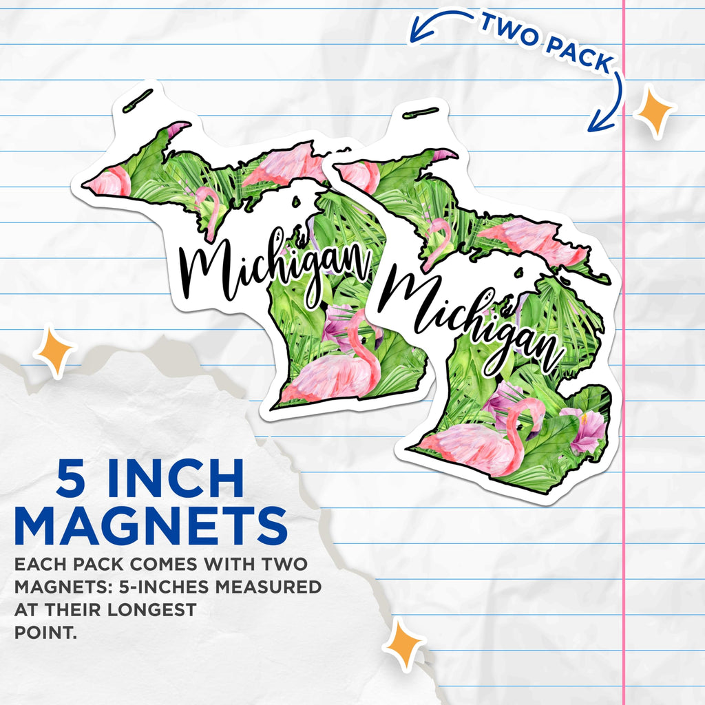 (2 Pack) Michigan State Magnets - Flamingo Floral - Tropical Michigan Decor - 5" On Longest Side - Premium Magnet - for Cars, Refrigerators, Toolboxes, Lockers - Made in USA - MAG17747