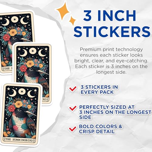 (3 Pack) Hummingbird Decals - Floral Crown - Tarot Card Decals - 3 Inches On Longest Side - Easy Peel & Apply - Made in USA - 3MCS4208