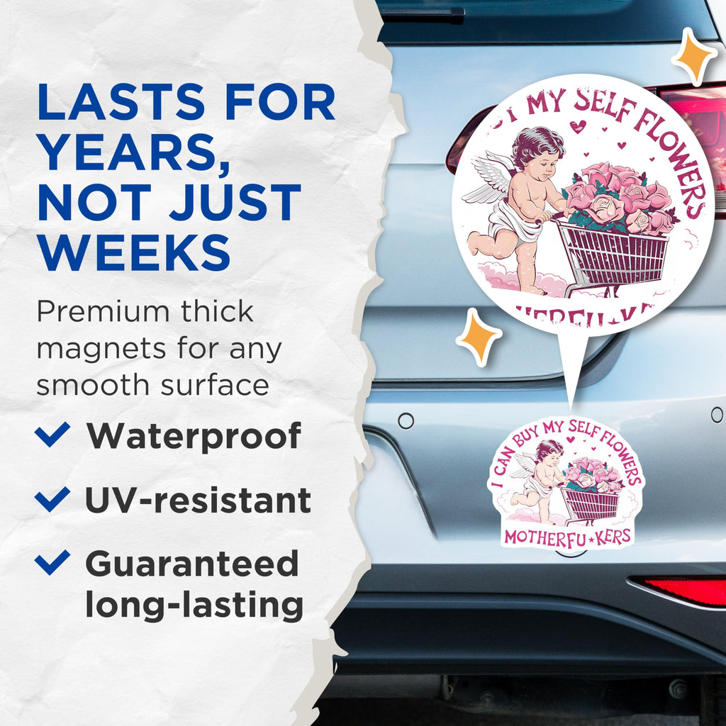 (2 Pack) Funny Angel Magnets - Self-Love Flower Cart Magnets - Cute Cherub Magnets for Fridge or Locker - 5" On Longest Side - for Cars, Refrigerators, Toolboxes, Lockers - Made in USA BMCS3496