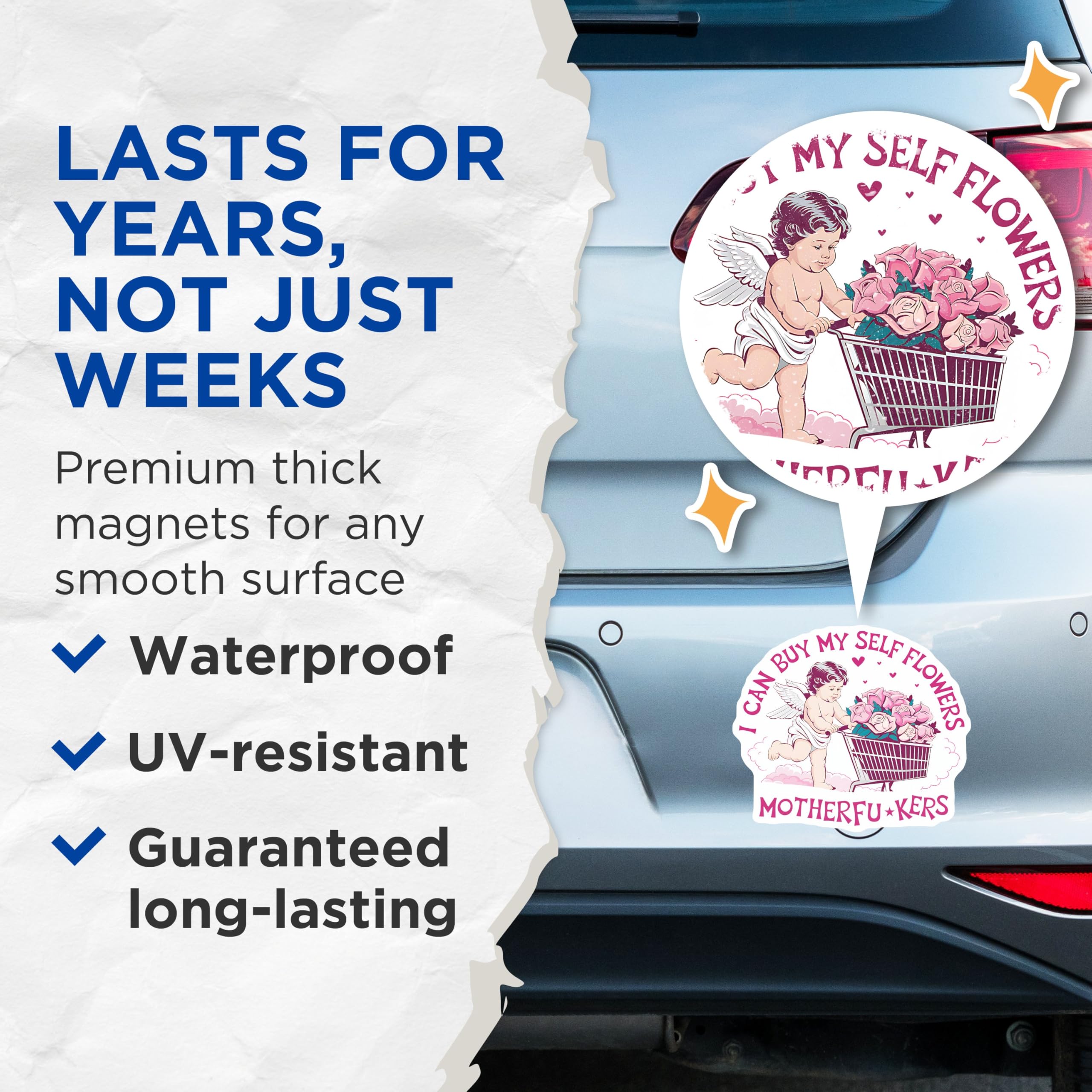 (2 Pack) Funny Angel Magnets - Self-Love Flower Cart Magnets - Cute Cherub Magnets for Fridge or Locker - 5" On Longest Side - for Cars, Refrigerators, Toolboxes, Lockers - Made in USA BMCS3496