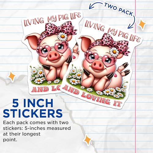 (2 Pack) Living My Pig Life Stickers - Cute Pig Artwork - Fun Animal Lover Decal - 5" On Longest Side - Sticks to Smooth Flat Surfaces - Made in USA - BMCS7936