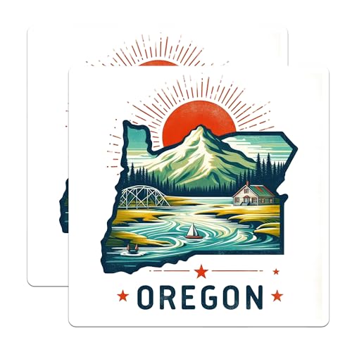 (2 Pack) Oregon Adventure Stickers - Scenic Mountain Stickers - Nature Travel Stickers - 5" On Longest Side - Sticks to Smooth Flat Surfaces - Made in USA - BMCS5241