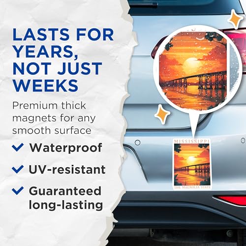 (2 Pack) Mississippi State Magnets - Magnolia Decor - Sunset Bridge Souvenirs - 5" On Longest Side - Premium Magnet - for Cars, Refrigerators, Toolboxes, Lockers - Made in USA - MAG18550