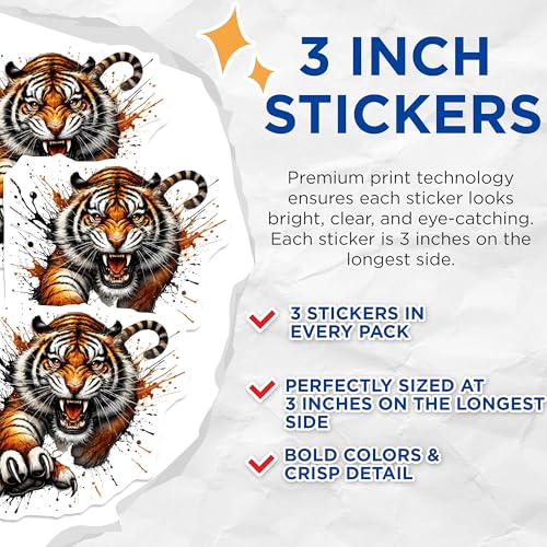 (3 Pack) Tiger Decals - Angry Tiger Stickers - Laptop Decal- 3 Inches On Longest Side - Easy Peel & Apply - Made in USA - 3MCS5026