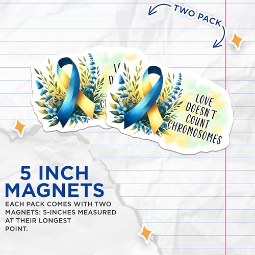 (2 Pack) Love Doesnt Count Chromosomes Magnets - Inspirational Quote - Blue and Yellow Ribbon Design - 5" On Longest Side - for Cars, Fridges, Toolboxes - Made in USA - MAG8201