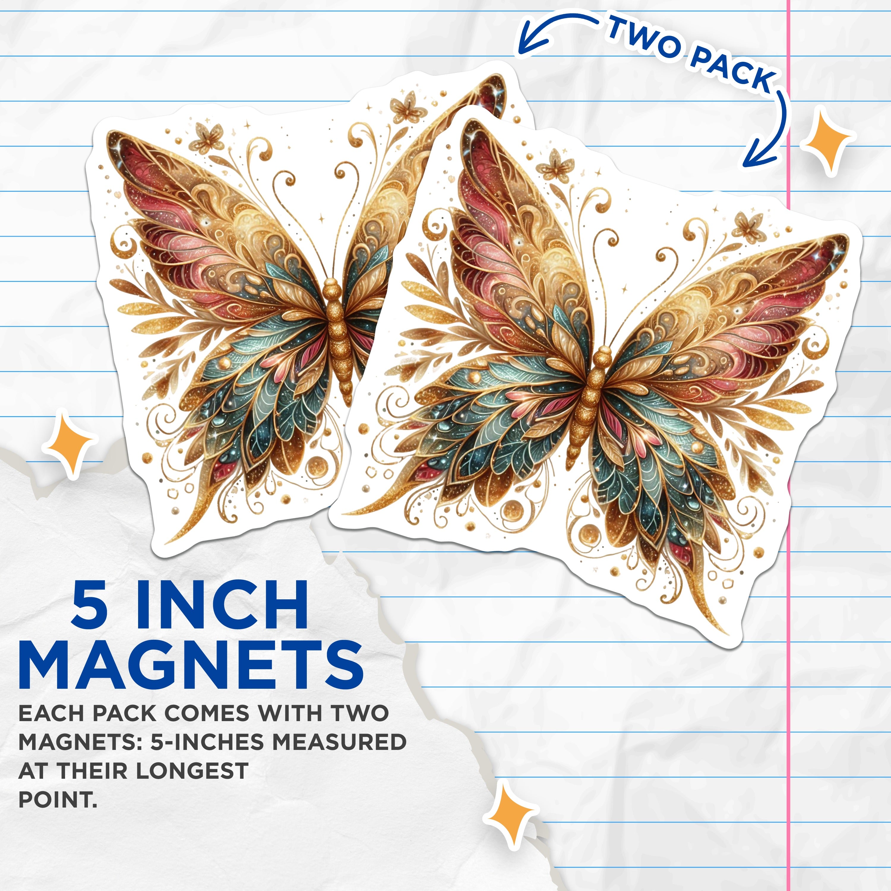 (2 Pack) Ornate Butterfly Magnets - Golden Filigree Art - Whimsical Fridge Decor for Women - 5 Inches On Longest Side - Thick Durable Magnet - Made in USA - MAG39611