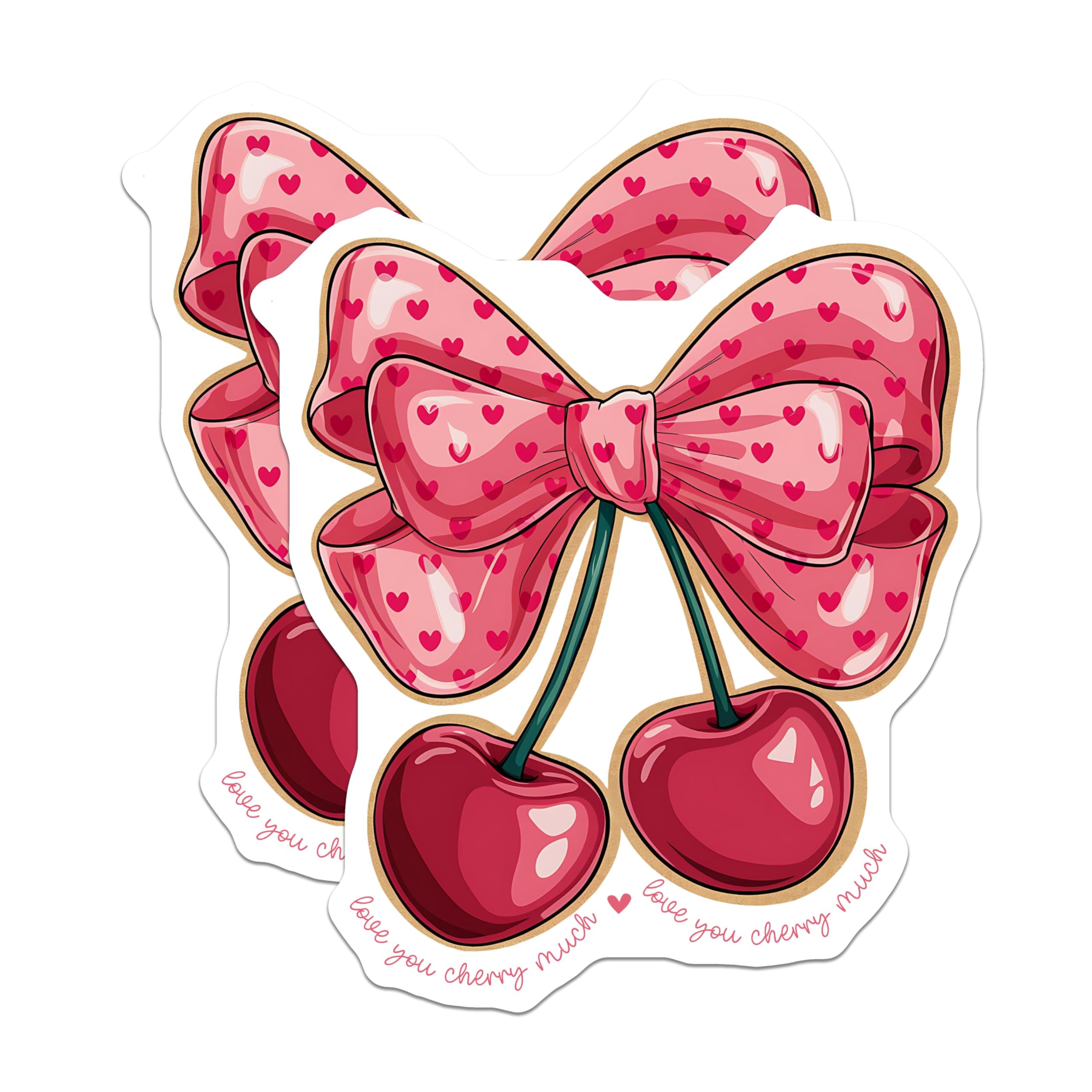 (2 Pack) Love You Cherry Much Stickers - Heart Pattern Bow Stickers - Cute Cherry Stickers for Laptops - 5" On Longest Side - Sticks to Any Smooth Flat Surface - Made in USA - BMCS3524