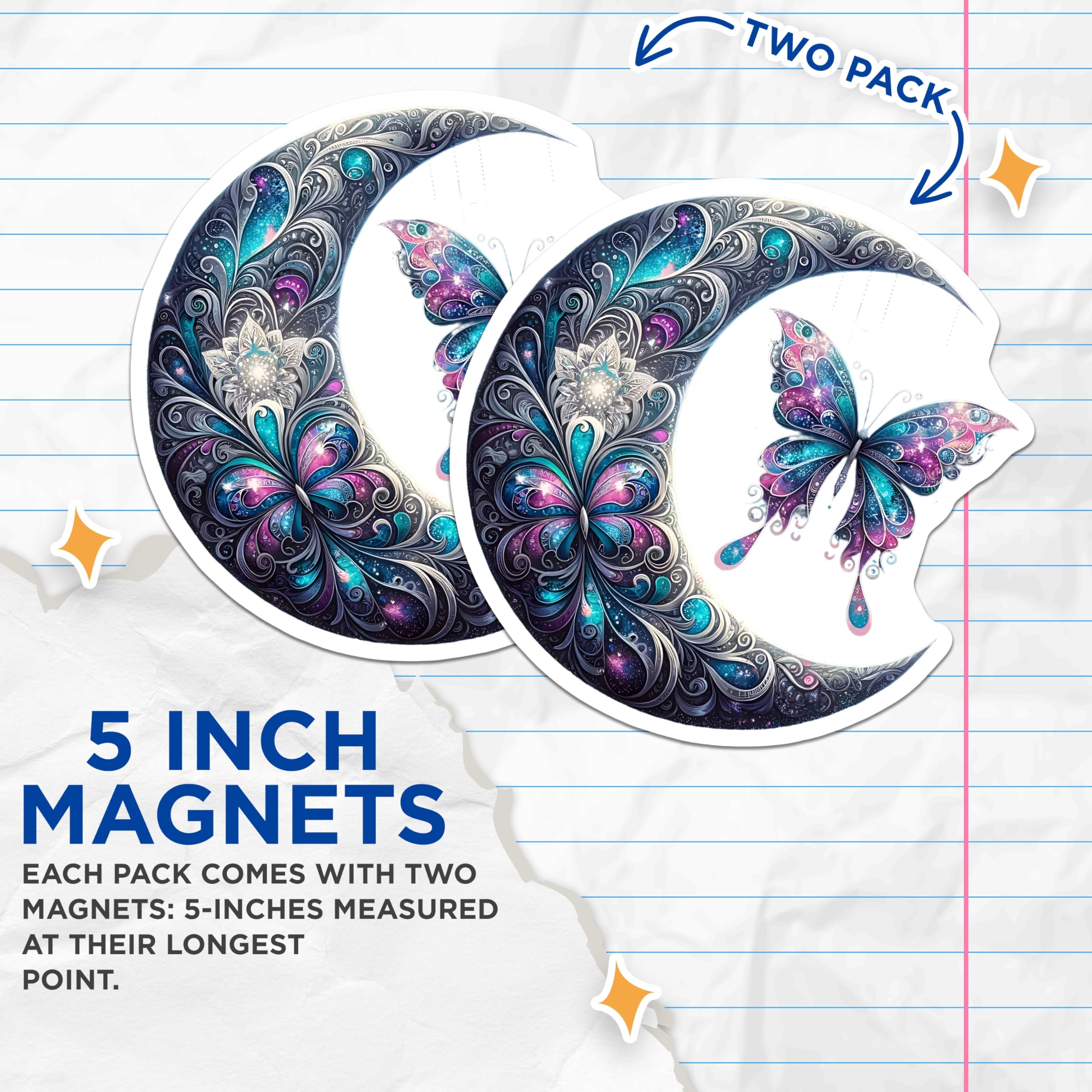 (2 Pack) Butterfly Moon Magnets - Celestial Decor - Fridge Magnets Decorative - 5" On Longest Side - Premium Magnet - for Cars, Refrigerators, Toolboxes, Lockers - Made in USA - MAG15746