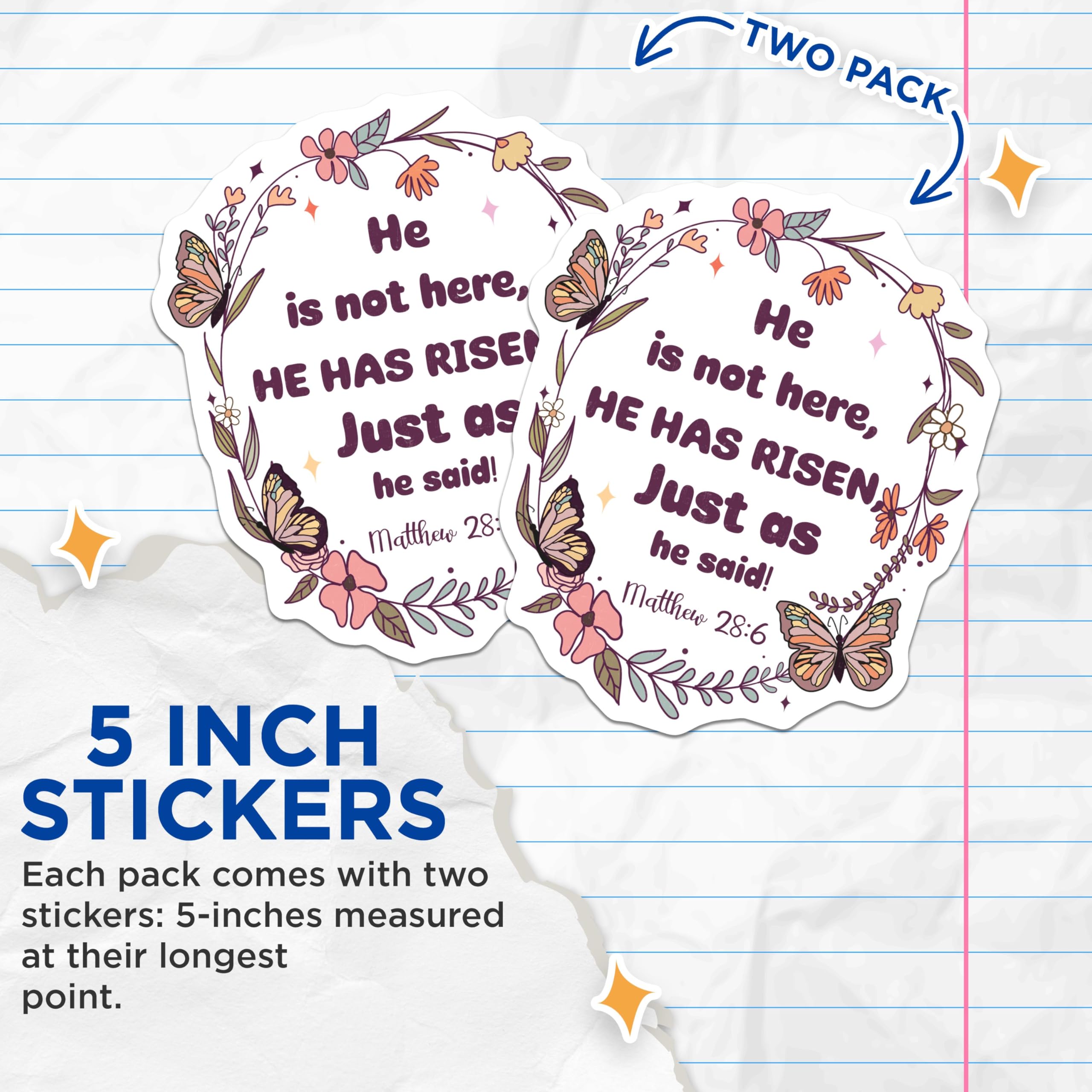 (2 Pack) He Has Risen Stickers - Inspirational Christian Quote - Faith-Based Decor - 5" On Longest Side - Sticks to Smooth Flat Surfaces - Made in USA - BMCS7286