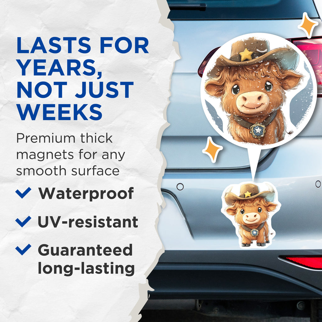 (2 Pack) Cute Highland Cow Magnets - Cowboy Sheriff Animal Decor - Farmhouse Refrigerator Locker Art - 5 Inches On Longest Side - Thick Durable Magnet - Made in USA - MAG39449