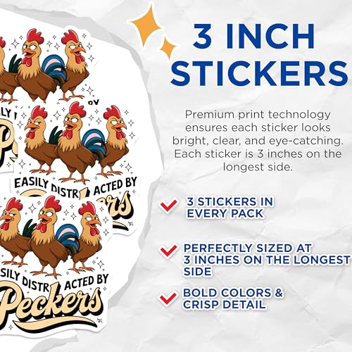 (3 Pack) Chicken Decals - Funny Rooster Sticker - Easily Distracted by Peckers - Laptop Decal- 3 Inches On Longest Side - Easy Peel & Apply - Made in USA - 3MCS5151