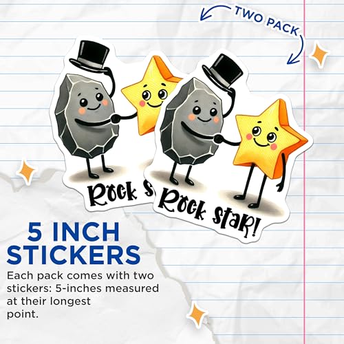 (2 Pack) Rock Star Stickers - Cute Rock and Star Character - Inspirational Decorative - 5" On Longest Side - Sticks to Smooth Flat Surfaces - Made in USA - BMCS7587