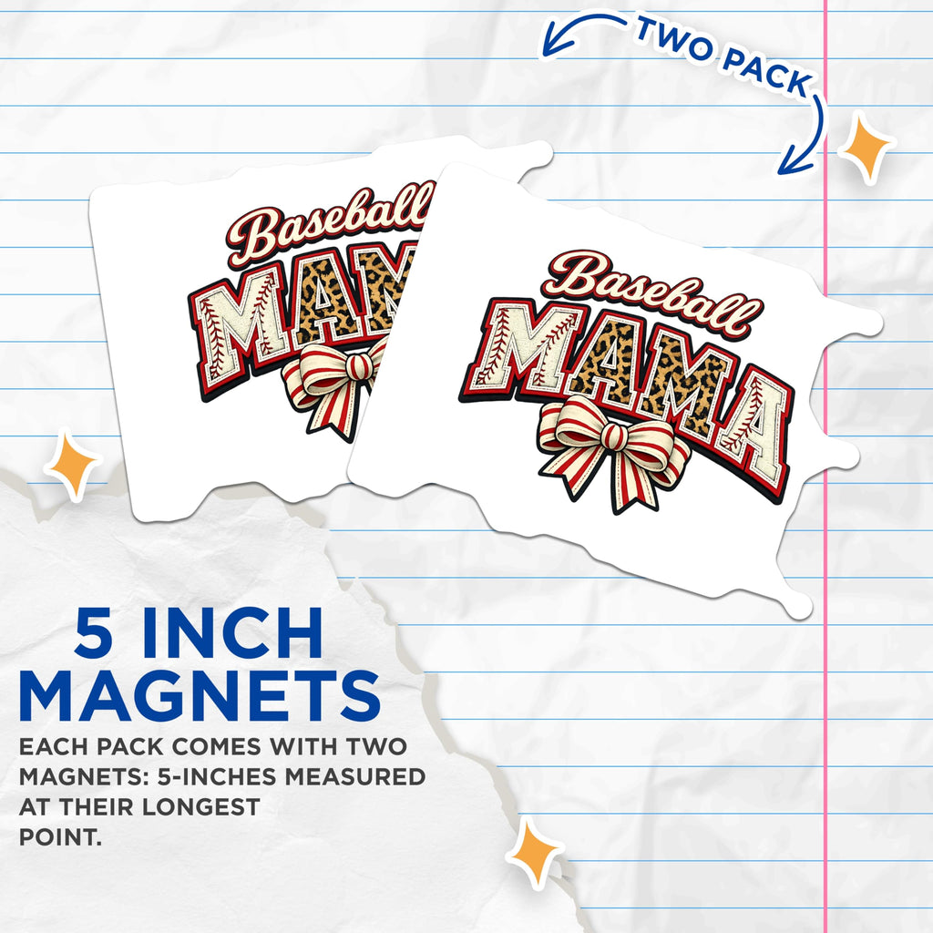 (2 Pack) Baseball Mama Magnets - Leopard Print Sports Mom - Game Day Fan Fridge Locker Decor - Team Spirit Cheer - 5 Inches On Longest Side - Thick Durable Magnet - Made in USA - MAG20659