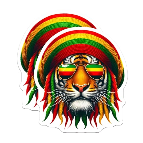 (2 Pack) Cool Tiger Stickers - Rasta Style - Sunglasses Design - 5" On Longest Side - Sticks to Smooth Flat Surfaces - Made in USA - BMCS4384