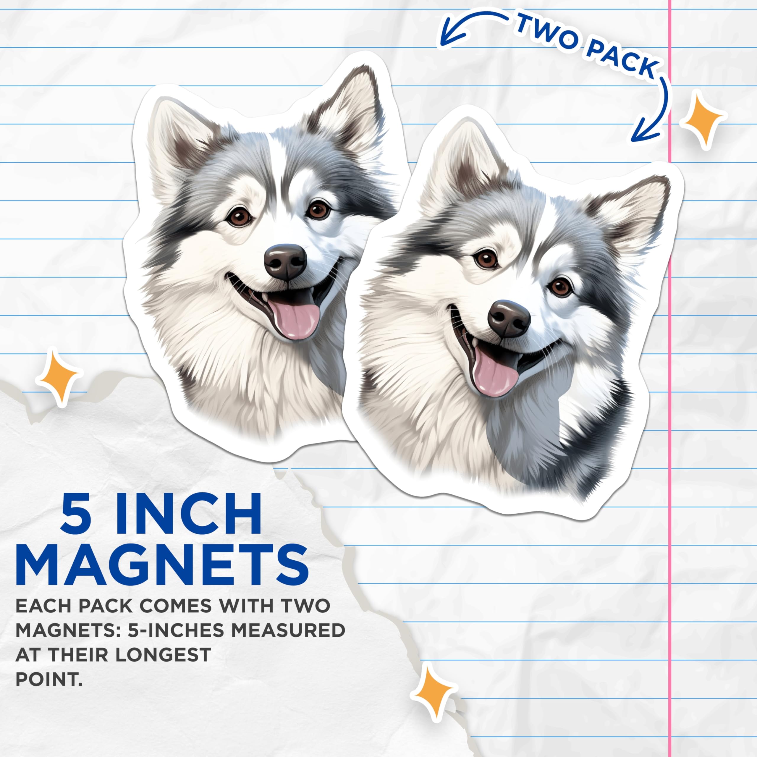(2 Pack) Siberian Husky Magnets - Happy Canine Pet Decor - Cute Animal Art Collectible - Dog Parent Fridge Accent - 5 Inches On Longest Side - Thick Durable Magnet - Made in USA - MAG28216
