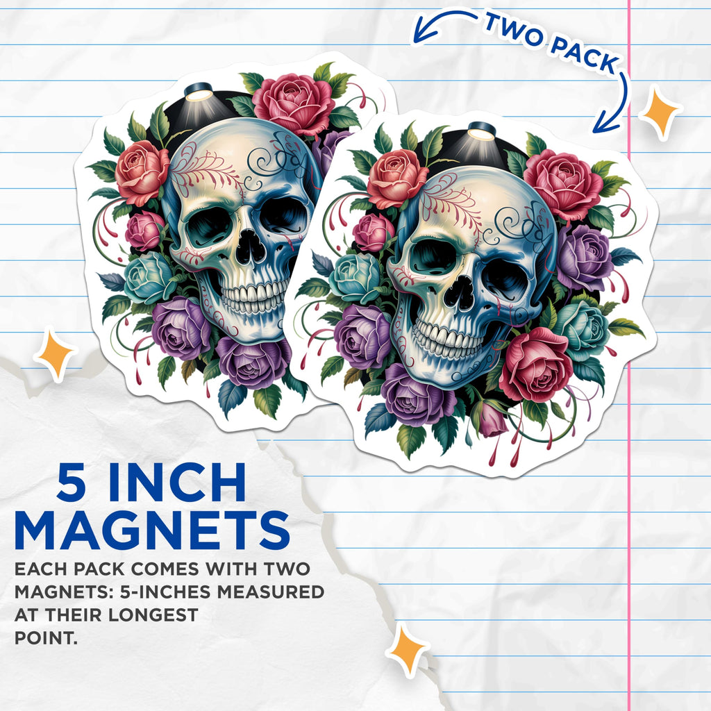 (2 Pack) Sugar Skull Roses Magnets - Dia de Los Muertos Art - Gothic Floral Decor - 5 Inches On Longest Side - Thick Durable Magnet - Made in USA - MAG21171