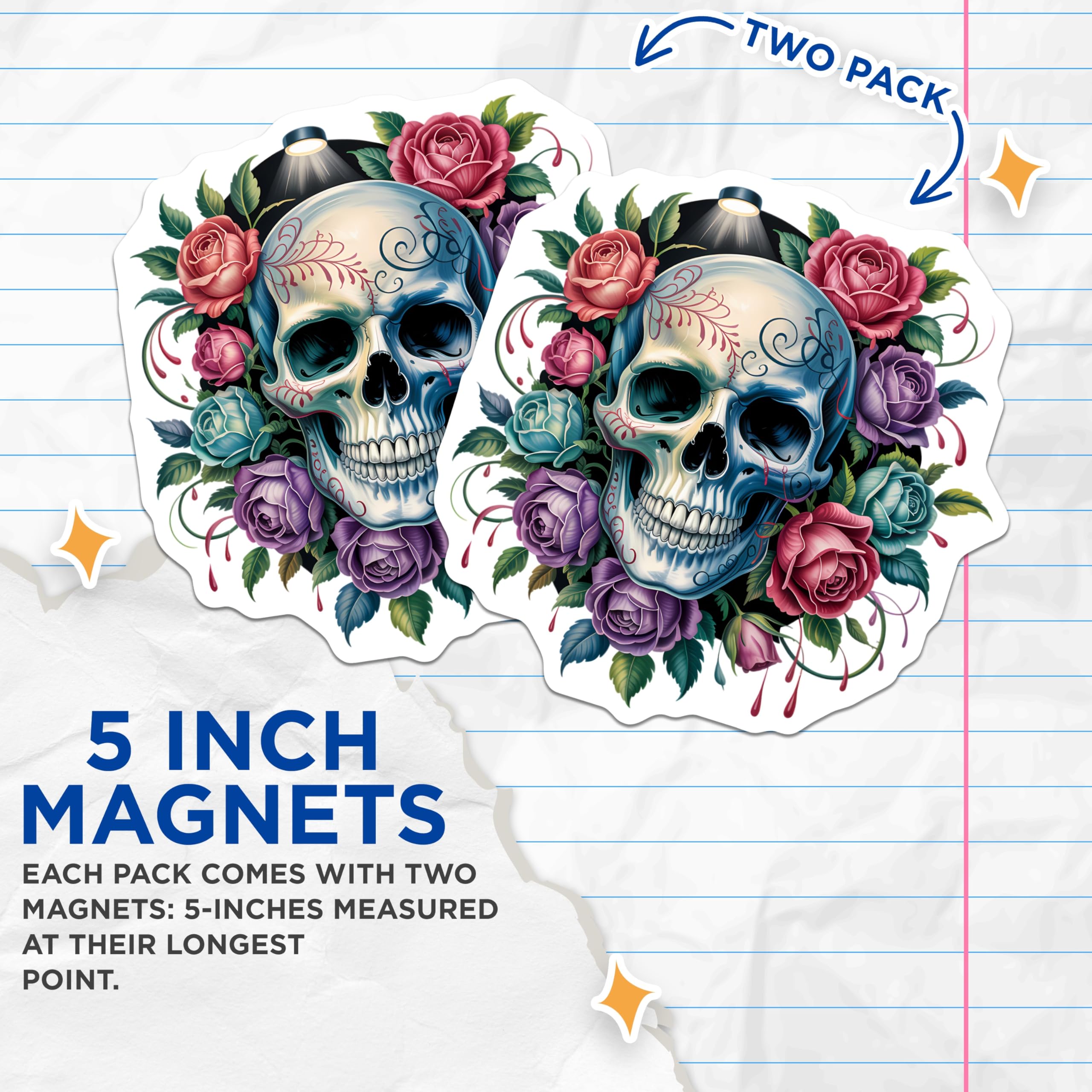(2 Pack) Sugar Skull Roses Magnets - Dia de Los Muertos Art - Gothic Floral Decor - 5 Inches On Longest Side - Thick Durable Magnet - Made in USA - MAG21171