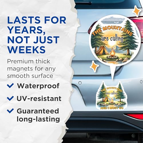 (2 Pack) The Mountains are Calling Magnets - Campfire Magnets - Outdoor Adventure Magnets - 5" On Longest Side - for Cars, Refrigerators, Toolboxes, Lockers - Made in USA BMCS3270