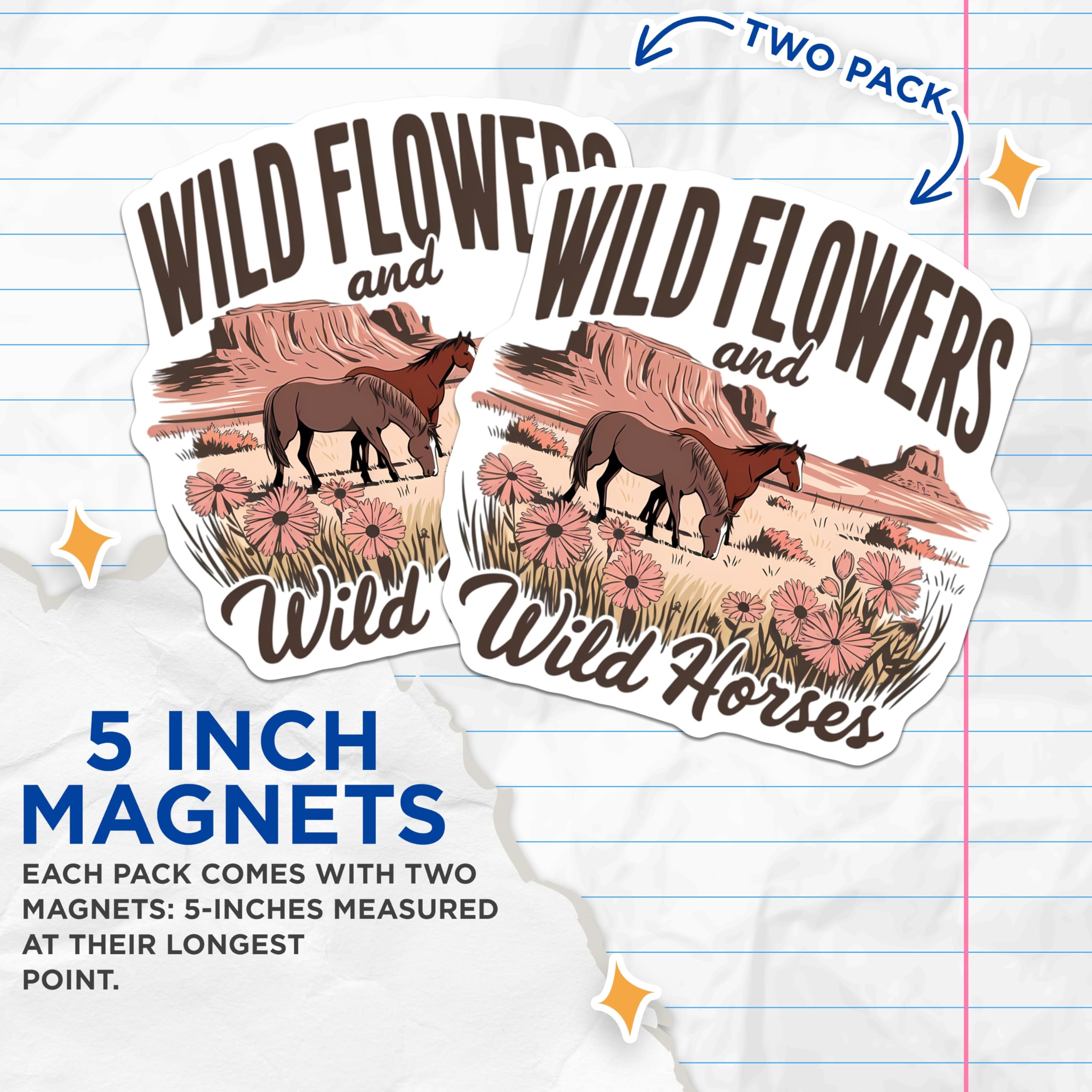 (2 Pack) Wild Horses Magnets - Desert Mesa Scenery - Wildflower Field Decor - Equestrian Art Collection - 5 Inches On Longest Side - Thick Durable Magnet - Made in USA - MAG20769