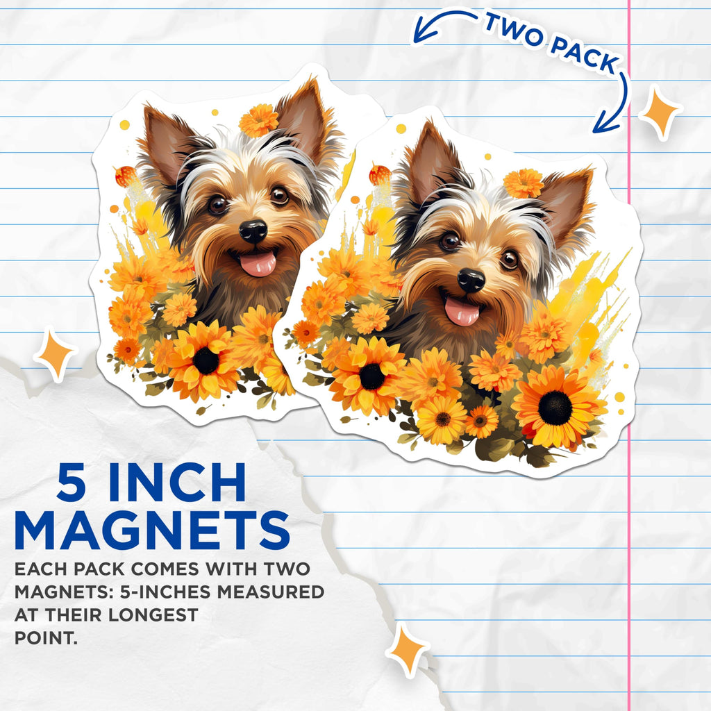 (2 Pack) Yorkie Dog Magnets - Cute Yorkshire Terrier Pet Decor - Floral Animal Lover Refrigerator - 5 Inches On Longest Side - Thick Durable Magnet - Made in USA - MAG30520