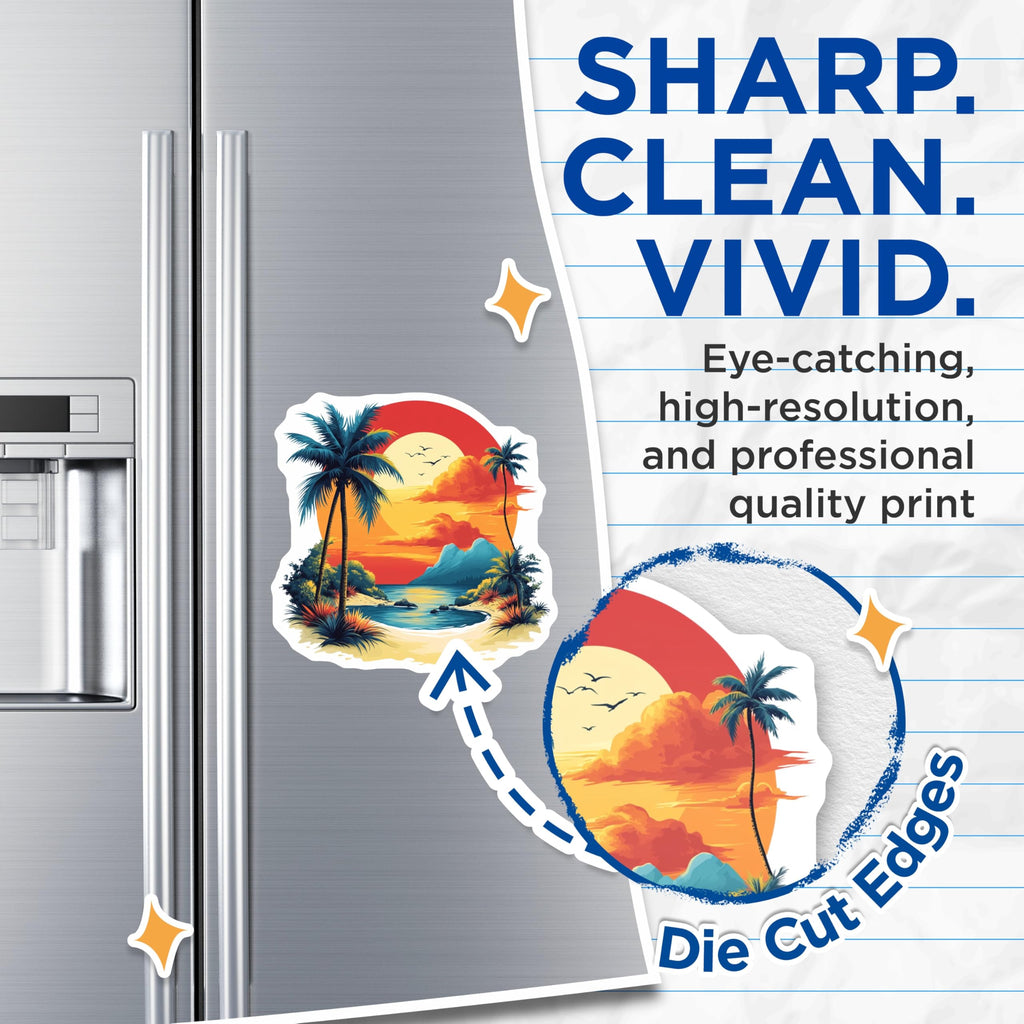 (2 Pack) Tropical Sunset Beach Magnets - Palm Tree Ocean View - Island Vacation Decor - 5 Inches On Longest Side - Thick Durable Magnet - Made in USA - MAG30628