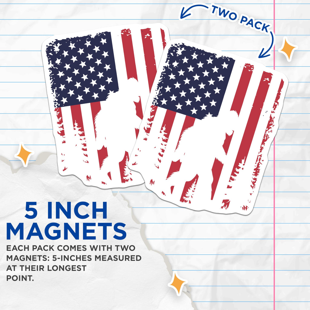 (2 Pack) Bigfoot American Flag Magnets - Sasquatch USA Cryptid - Patriotic Wilderness Folklore Decor - 5 Inches On Longest Side - Thick Durable Magnet - Made in USA - MAG21061