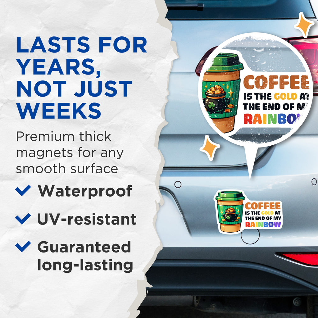 (2 Pack) St Patricks Day Coffee Lover Magnets - Funny Irish Decor - Pot of Gold Rainbow Magnet - 5 Inches On Longest Side - Thick Durable Magnet - Made in USA - MAG39324