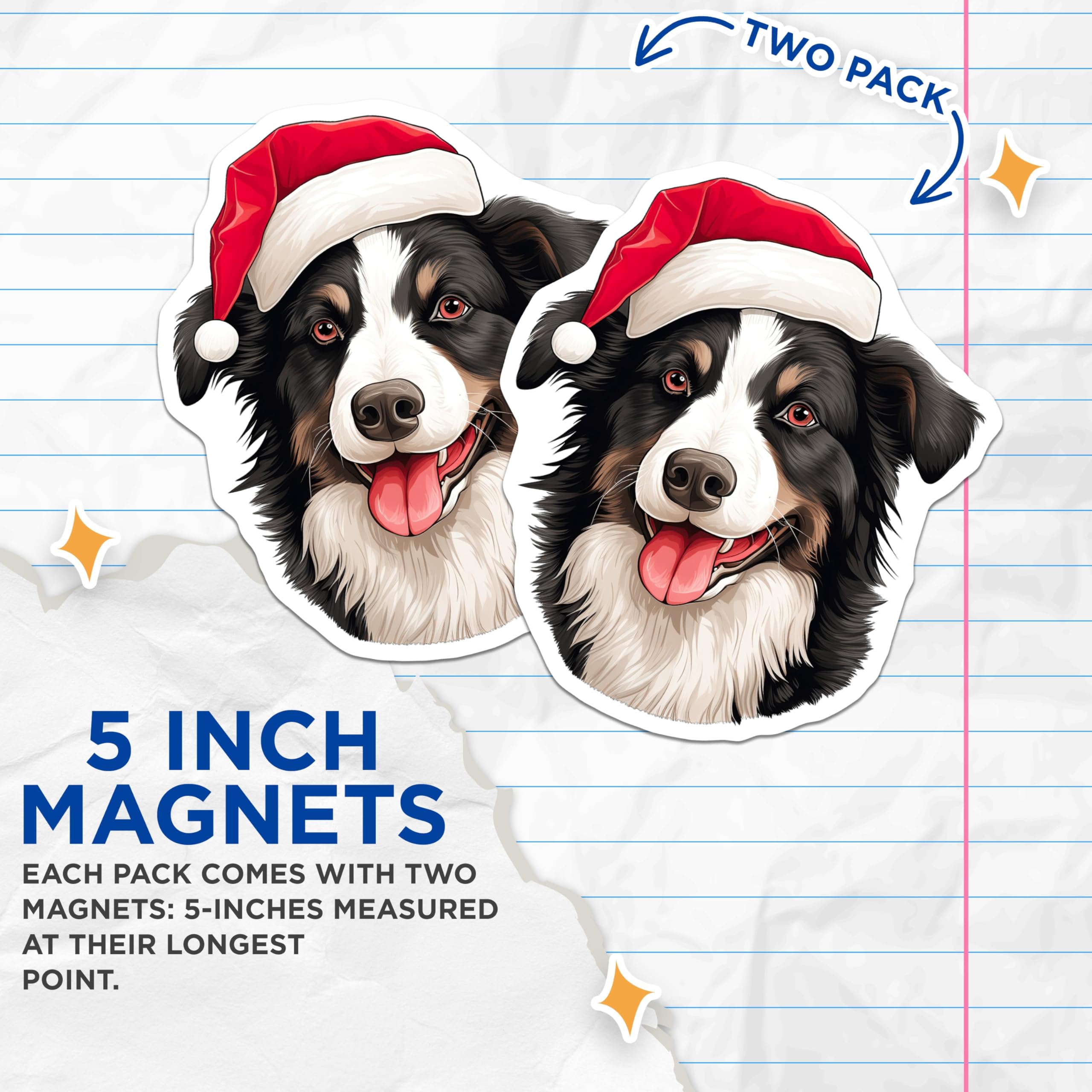 (2 Pack) Border Collie Christmas Magnets - Santa Dog Fridge Decor - Holiday Pet Decorations - 5 Inches On Longest Side - Thick Durable Magnet - Made in USA - MAG28883