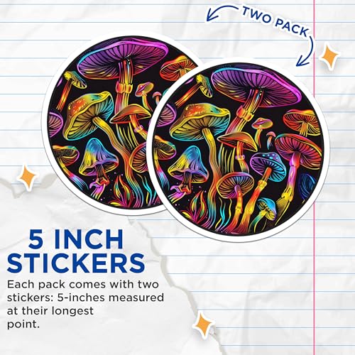 (2 Pack) Trippy Mushroom Stickers - Psychedelic Design - Colorful Mushrooms - 5" On Longest Side - Sticks to Smooth Flat Surfaces - Made in USA - BMCS7252