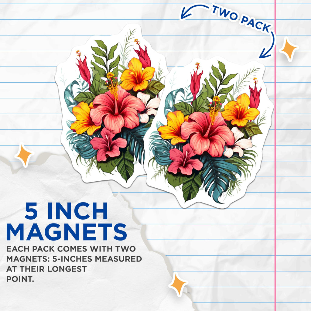 (2 Pack) Tropical Hibiscus Magnets - Vibrant Floral Refrigerator Decor - Island Style Kitchen Accents - 5 Inches On Longest Side - Thick Durable Magnet - Made in USA - MAG19493