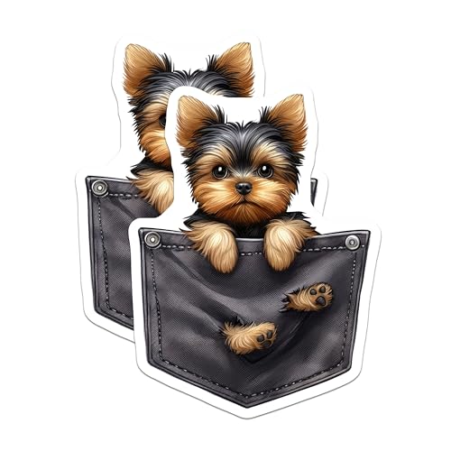(2 Pack) Cute Yorkie Stickers - Dog in Pocket Decal - Puppy Stickers for Laptop and Phone - 5" On Longest Side - Sticks to Smooth Flat Surfaces - Made in USA - BMCS4573