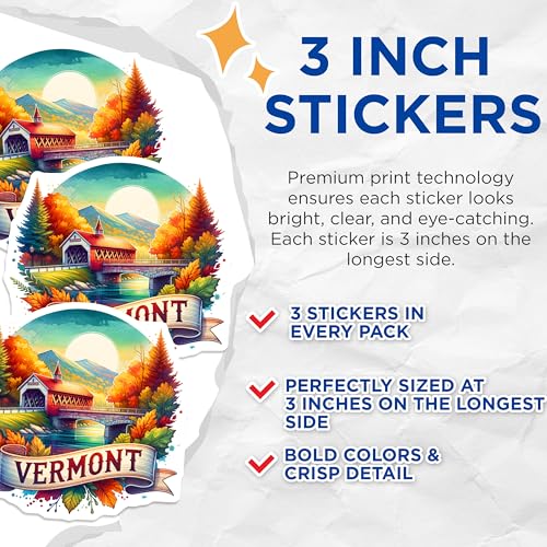 (3 Pack) Vermont Decals - Covered Bridge Sticker - Fall Foliage Art- 3 Inches On Longest Side - Easy Peel & Apply - Made in USA - 3MCS5782