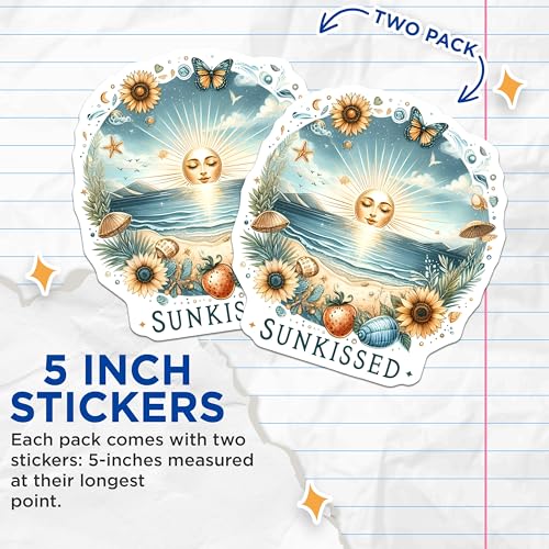 (2 Pack) Sunkissed Stickers - Sunflower Beach Vibes - Ocean Nature Art - 5" On Longest Side - Sticks to Smooth Flat Surfaces - Made in USA - BMCS6251