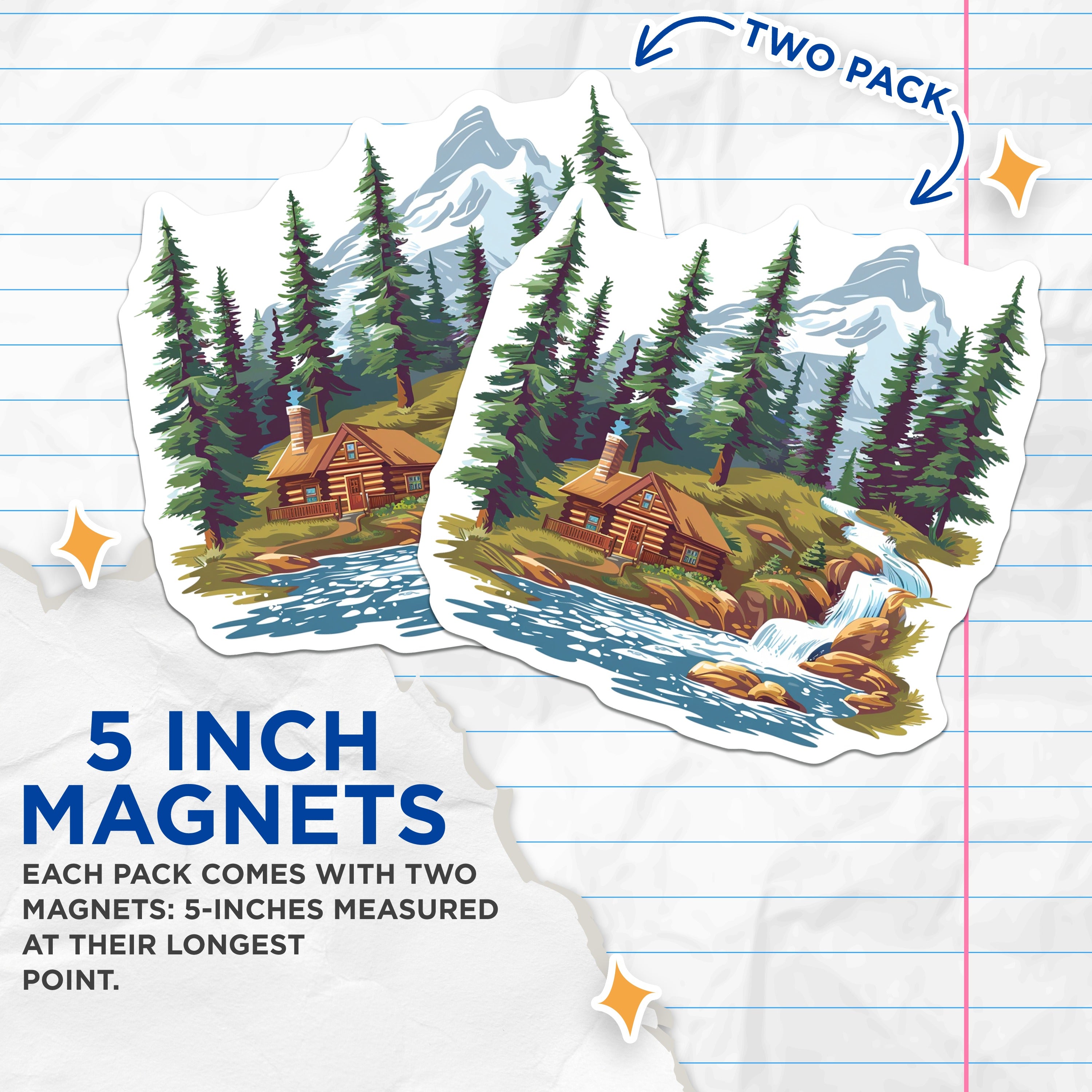 (2 Pack) Mountain Cabin Magnets - Rustic Forest Waterfall Magnets - Nature Lover Fridge Decor - 5 Inches On Longest Side - Thick Durable Magnet - Made in USA - MAG37797