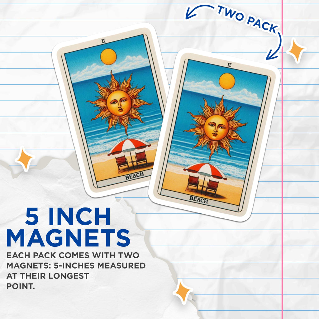 (2 Pack) Tarot Card Magnets - Beach Scene - Sun Face Art - 5" On Longest Side - Premium Magnet - for Cars, Refrigerators, Toolboxes, Lockers - Made in USA - MAG16088