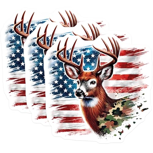 (3 Pack) Deer Hunting Decals - American Flag Decals - Camo Buck Laptop Decal - 3 Inches On Longest Side - Easy Peel & Apply - Made in USA - 3MCS8596