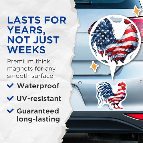 (2 Pack) American Flag Rooster Magnets - Patriotic Bird Decor - USA Independence Day - Farmhouse Kitchen Magnets - 5" On Longest Side - for Cars, Fridges, Toolboxes - Made in USA - MAG7085