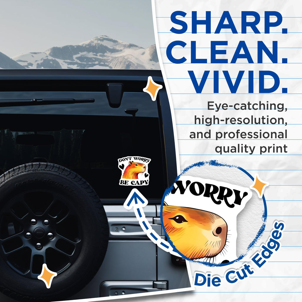 (2 Pack) Cute Capybara Stickers - Don't Worry Be Capy - Animal Lover - Fun Capybara Art - 5" On Longest Side - Sticks to Smooth Flat Surfaces - Made in USA - BMCS3749