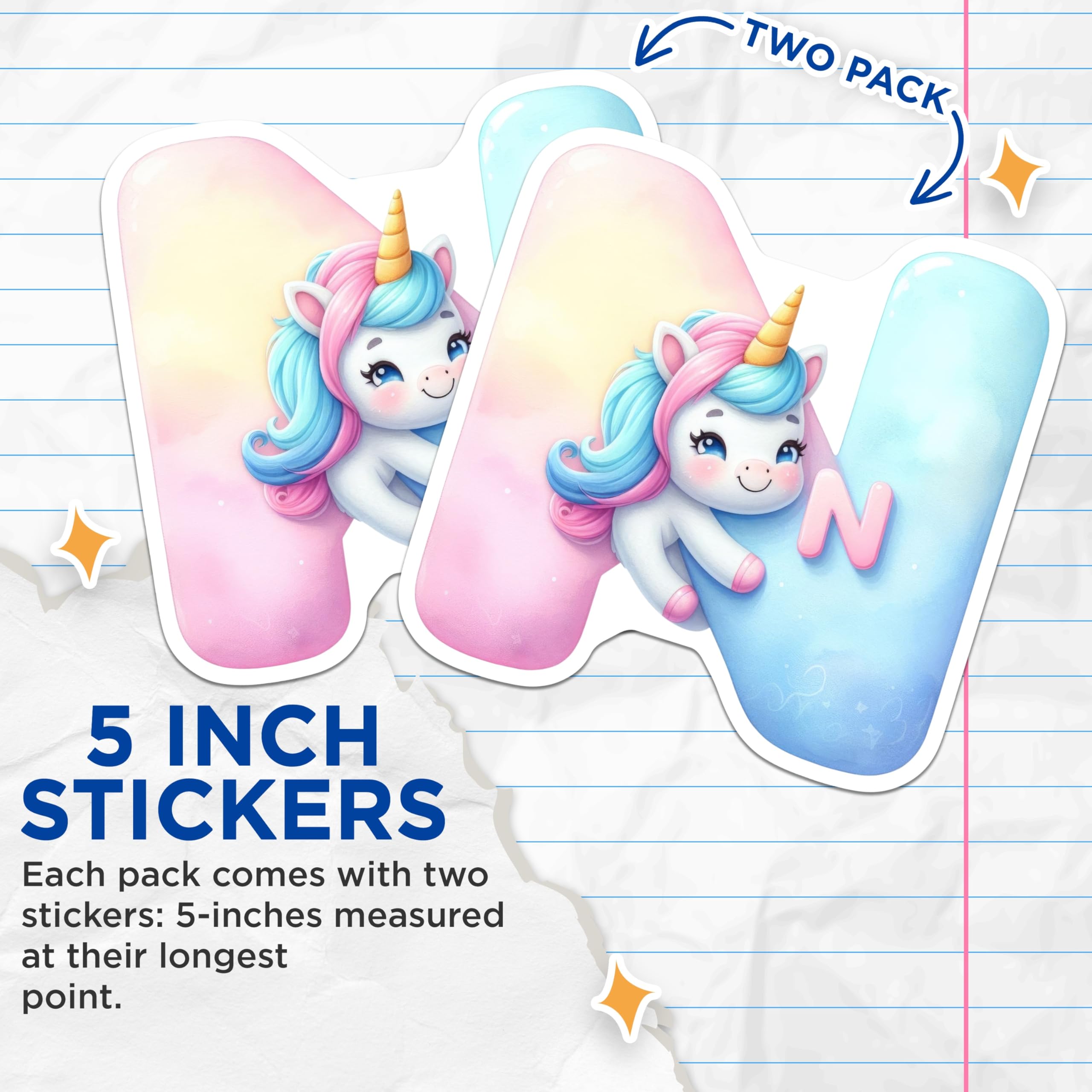 (2 Pack) Letter N Unicorn Stickers - Alphabet Initial - Kids Name Decal - 5" On Longest Side - Sticks to Smooth Flat Surfaces - Made in USA - BMCS15580