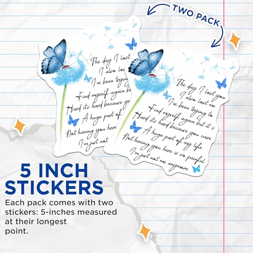 (2 Pack) Bereavement Quote Stickers - Blue Butterfly Stickers - Dandelion Stickers - 5" On Longest Side - Sticks to Smooth Flat Surfaces - Made in USA - BMCS6140