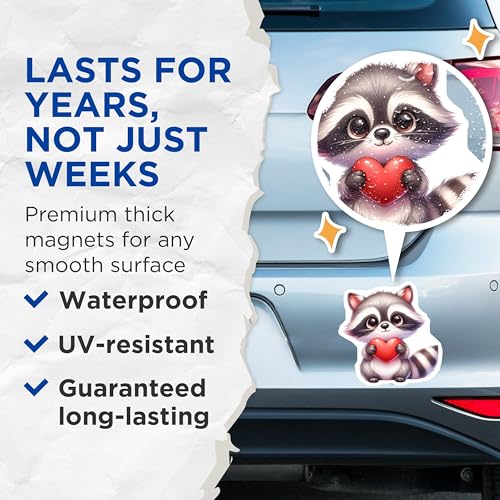 (2 Pack) Cute Raccoon Holding Heart Magnets - Adorable Animal Magnet - Kitchen - Refrigerator Magnets - 5" On Longest Side - for Cars, Fridges, Toolboxes - Made in USA - MAG3669