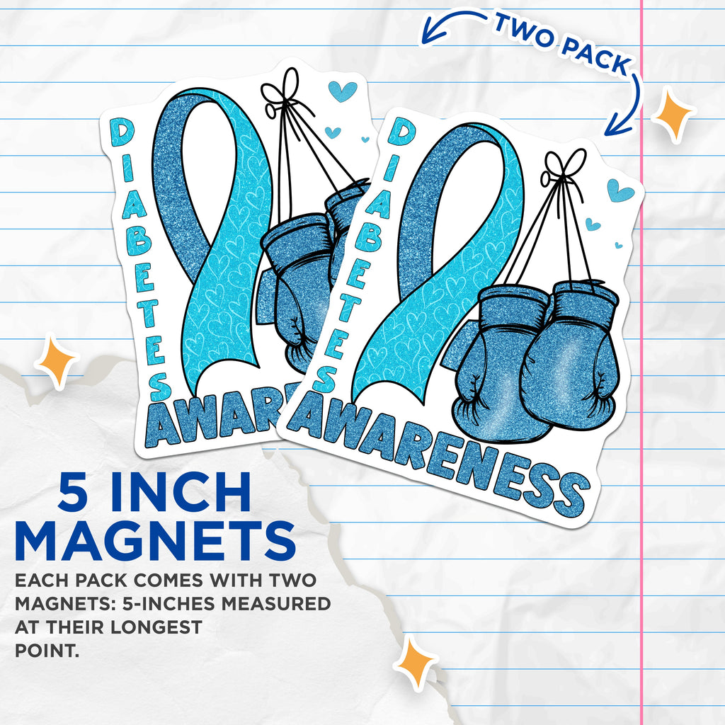 (2 Pack) Diabetes Awareness Magnets - Blue Ribbon Support - Diabetes Fighter - Medical Advocacy Decor - 5 Inches On Longest Side - Thick Durable Magnet - Made in USA - MAG37292