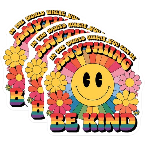 (3 Pack) Retro Smiley Face Decals - Rainbow Kindness Quote - 70s Inspired Laptop Decals - 3 Inches On Longest Side - Easy Peel & Apply - Made in USA - 3MCS2673